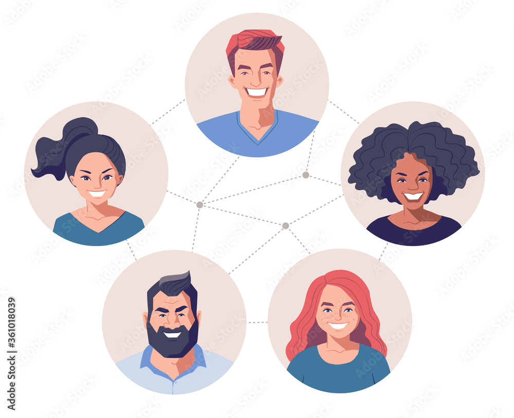 Cartoon avatar portraits of young adults, front view. Social networking, online communication concept. Diverse group of people, vector character illustration. Stock Vector | Adobe Stock Cartoon avatar portraits of young adults, front view. Social networking, online communication concept. Diverse group of people, vector character illustration. Stock Vector | Adobe Stock