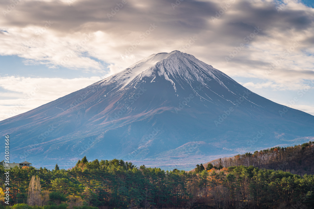 Fujisan active volcano mountain, highest mountain in Japan in a beautiful morning view from Kawaguchiko lake, Japan