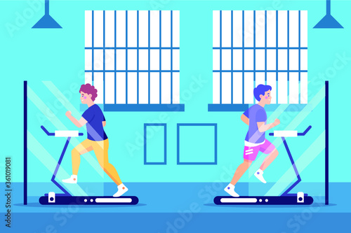 Reopening of fitness center, sports clubs after coronavirus quarantine. People doing fitness on  Keep social distance COVID free New normal Stay apart Physical distancing