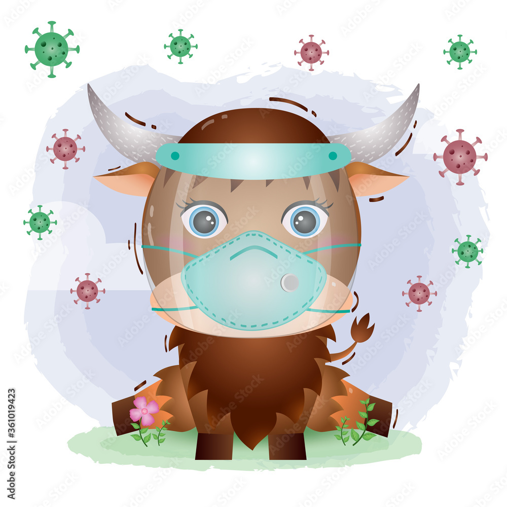 Naklejka premium cute yak using face shield and mask. Covid-19, coronavirus vector illustration