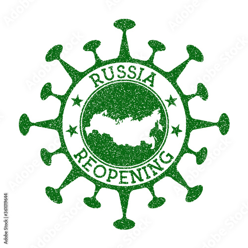 Russia reopening stamp. Green round badge of country with map of Russia. Country opening after lockdown. Vector illustration.