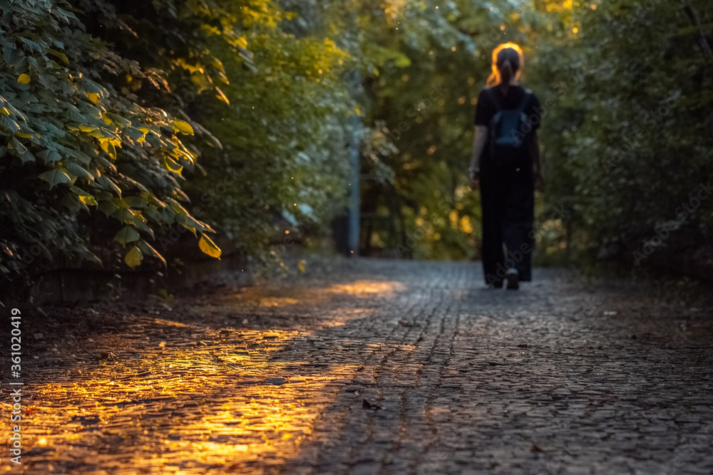 Blurred background.Silhouette of a young girl with a backpack in the Park in the rays of the setting sun.