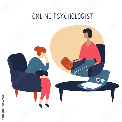 Woman at the psychologist online session. Doctor consultation by phone. Video call to psychiatrist. Online psychological therapy. Hand drawn doodle vector graphic