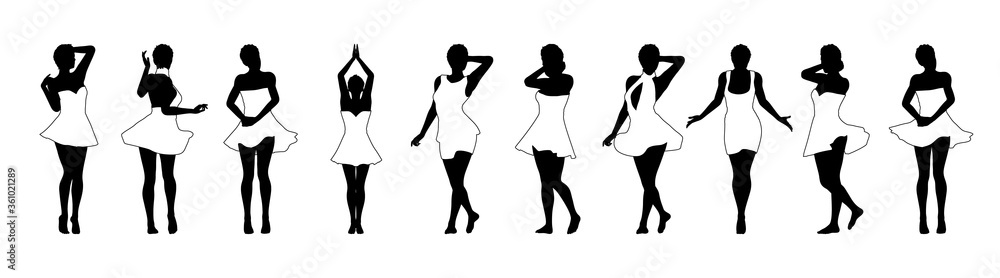 Set of beautiful a fashion girls in short dress. Silhouette of young woman. Vector illustration. Set of beautiful a fashion girls in short dress. Silhouette of young woman. Vector illustration.