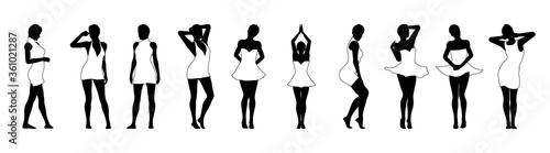 Set of beautiful a fashion girls in short dress. Silhouette of young woman. Vector illustration.