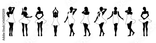 Set of beautiful a fashion girls in short dress. Silhouette of young woman. Vector illustration.