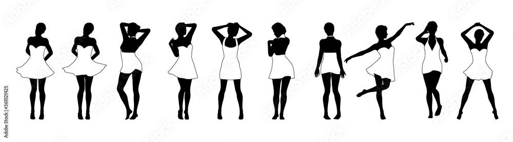Set of beautiful a fashion girls in short dress. Silhouette of young woman. Vector illustration Set of beautiful a fashion girls in short dress. Silhouette of young woman. Vector illustration