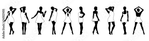 Set of beautiful a fashion girls in short dress. Silhouette of young woman. Vector illustration.