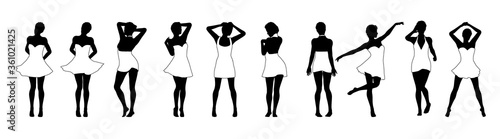 Set of beautiful a fashion girls in short dress. Silhouette of young woman. Vector illustration