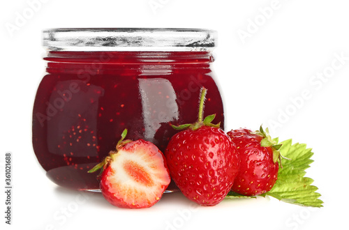 Jar of tasty strawberry jam on white background