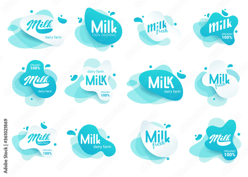 Milk badge and dairy labels with splashes and bolts. Milk badge with drop and splash for labels of package. Liquid amoeba shapes.