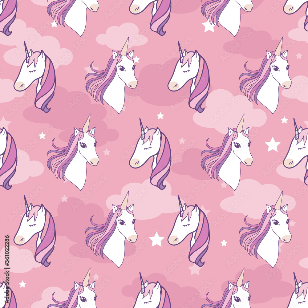 Obraz premium Seamless vector pattern unicorns on pink clouds background