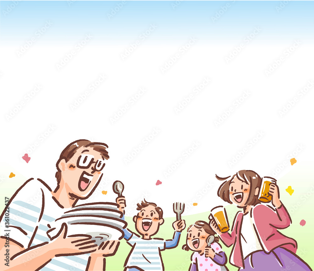 .Illustration frame of a happy family preparing food outdoors .Illustration frame of a happy family preparing food outdoors