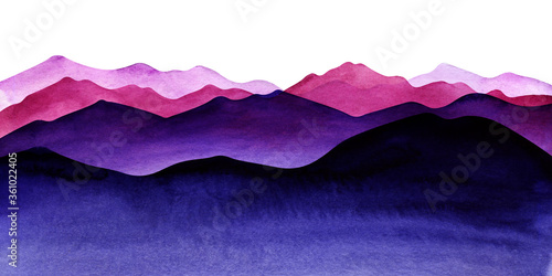 Abstract watercolor background on textured paper. Hand drawn colorful layers of delicate lilac, pink, blue and indigo shades on white backdrop. Series of mountain ranges. Rough sea waves at sunset photo