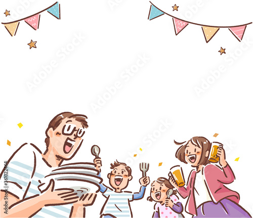 .Illustration of a joyful family getting ready for a party and a frame of garland