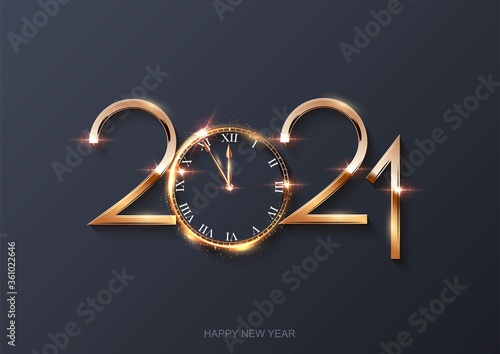 Glowing shiny new year clock and number on gray