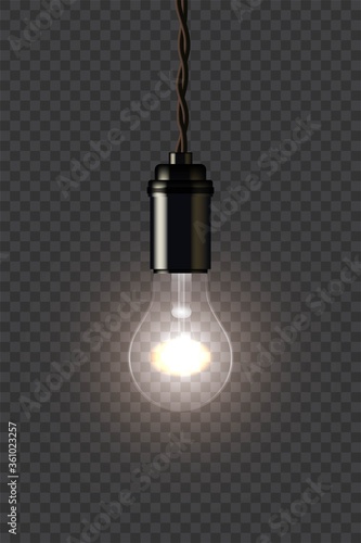 Vintage glowing lamp holding on wire on dark transparent background. Vector isolated design element.