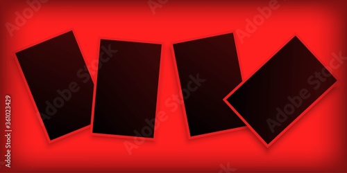 Darkroom chemical laboratory for photography. Four hanging photos in red light, process of developing and printing on photo paper. Vector illustration of old photograph technology, element design.