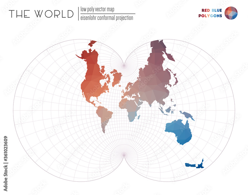 Vector map of the world. Eisenlohr conformal projection of the world. Red and blue colored polygons. Stylish vector illustration. Vector map of the world. Eisenlohr conformal projection of the world. Red and blue colored polygons. Stylish vector illustration.
