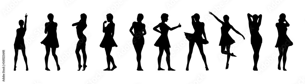 Set of beautiful a fashion girls in short dress. Silhouette of young woman. Vector illustration.