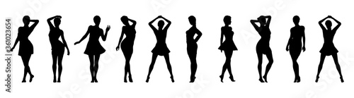 Set of beautiful a fashion girls in short dress. Silhouette of young woman. Vector illustration.