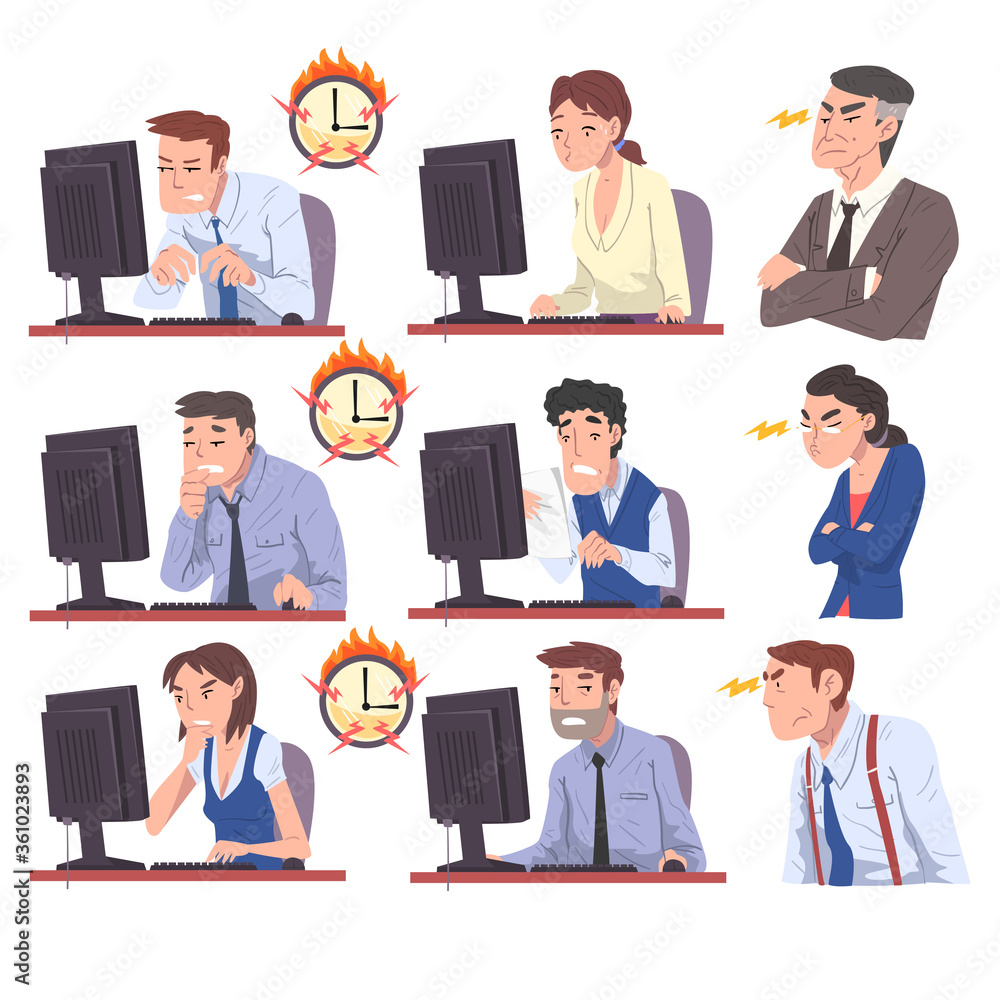 Business People Working Overtime at Deadline Set, Overloaded Office Workers Sitting at Workplace in Office in High Stress Conditions Vector Illustration Business People Working Overtime at Deadline Set, Overloaded Office Workers Sitting at Workplace in Office in High Stress Conditions Vector Illustration