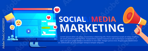Social media marketing vector banner. Computer monitor screen with website and likes and message. Hand with a megaphone advertises site.
