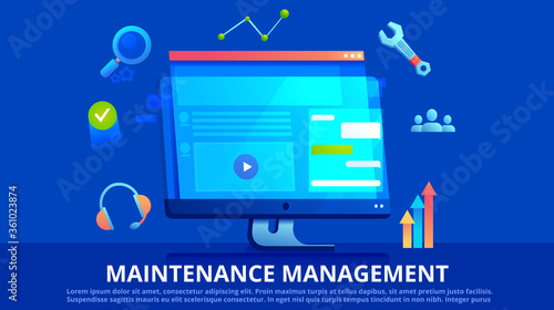 Maintenance management vector banner. Screen with website and icon with tools.