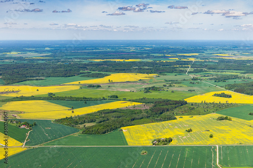 aerial view over the rural fields in spring