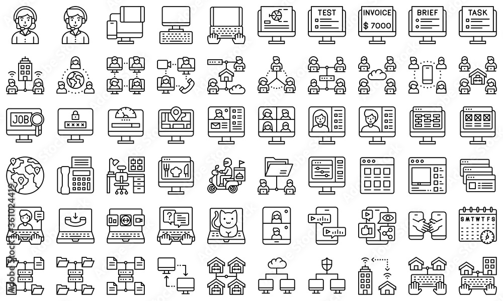 Obraz premium Telecommuting or remote work line icon set, vector illustration
