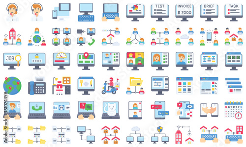 Telecommuting or remote work flat icon set, vector illustration