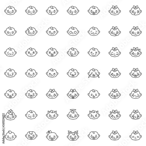 Baby face emotion line icons set. linear style symbols collection, outline signs pack. vector graphics. Set includes icons as smiling baby girl face, cry, sad, laughing, child in love, blowing kiss