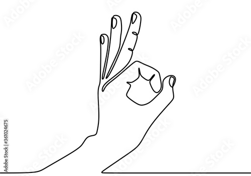 Single line drawing of hand showing OK sight. Fingers showing symbol of a great state. Hand gesture logo concept graphic art design isolated on white background. Vector illustration