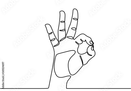 Single line drawing of hand showing OK sight. Fingers showing symbol of a great state. Hand gesture logo concept graphic art design isolated on white background. Vector illustration