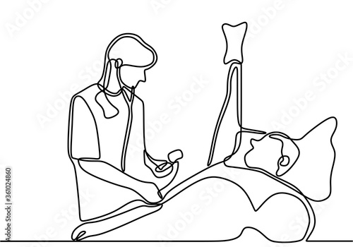 Continuous line drawing of doctor check patient lying in bed. Specialist doctor explains the results of the patient's examination. Hospital scene concept isolated on white background