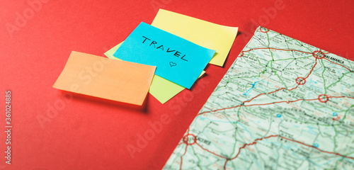 Tourism, travel and objects concept. Different travel stuff. Nice color background.