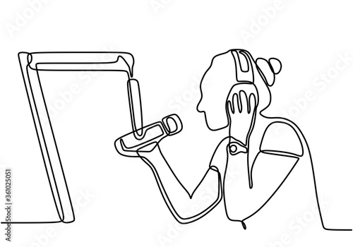 Continuous line drawing podcast girl. Young woman as a presenter or guest podcast sits and speaks into a microphone cheerfully. Vector one line art simplicity illustration minimalist design