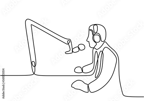 One continuous line drawing of a presenter or guest podcast speaks into a microphone. Young man sits in headphones at the microphone and broadcasts or podcast. Minimal design. Vector illustration