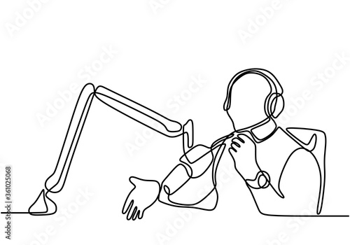 One continuous line drawing of a presenter or guest podcast speaks into a microphone. Young man sits in headphones at the microphone and broadcasts or podcast. Minimal design. Vector illustration