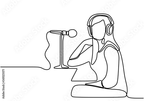 Continuous line drawing podcast girl. Young woman as a presenter or guest podcast sits and speaks into a microphone cheerfully. Vector one line art simplicity illustration minimalist design
