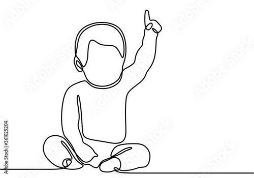 One line drawing illustration of a baby. Cute baby boy sitting and pointing up with the finger drawn from the hand a picture of the silhouette. Little kid in the minimalist style. Vector