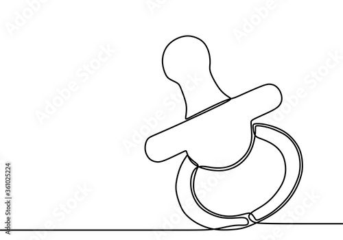 Continuous single drawn one line for infants pacifier. Dummy pacifier isolated on white background. Pacifier for newborn concept. Vector illustration for topics like childhood, nursery, baby birth