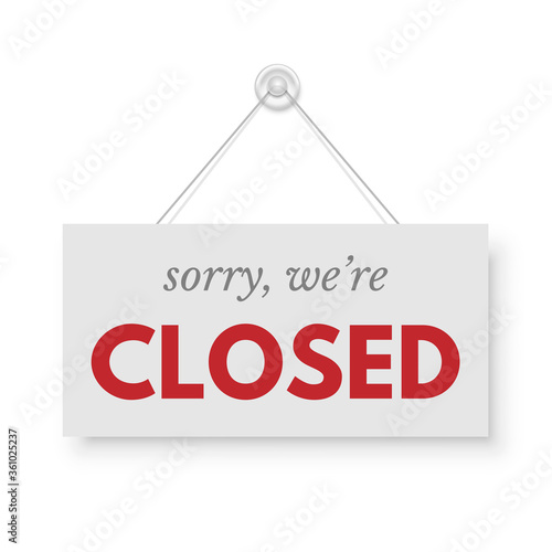 Closed red signboard hanged on wall. Rectangular shape clipboard for retail, shop, store, cafe, bar, restaurant. Announcement template with opportunity to visit. Vector object isolated on white.