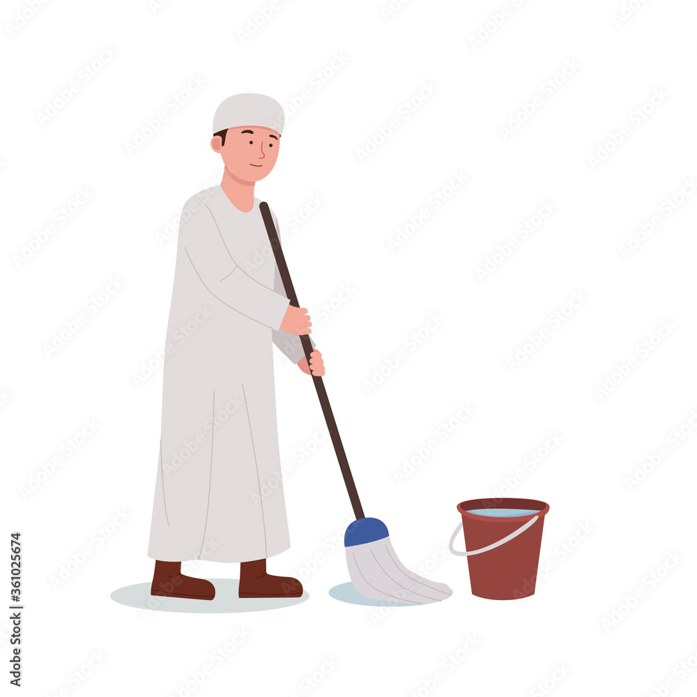 Illustration Arabian Boy Mopping Floor Cleaning Home Cartoon Illustration Arabian Boy Mopping Floor Cleaning Home Cartoon