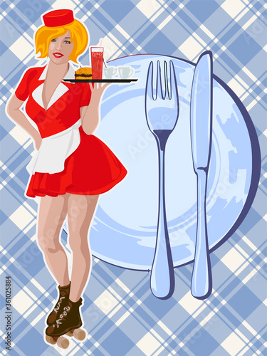 Waitress with plate on roller skates. Red dress. Diner waitress. Vector image