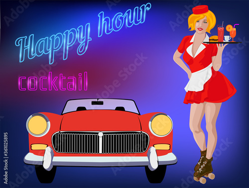 Waitress with plate on roller skates. Red dress. Diner waitress. Vector image