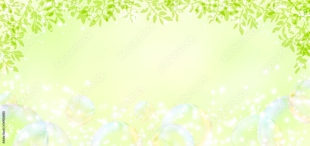 Leaves and soap bubbles on light green background Leaves and soap bubbles on light green background