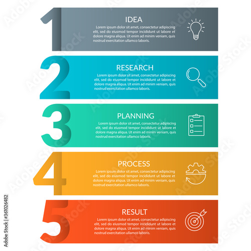5 steps info graphic with business icons and copy space. Infographics template with outline numbers. Five parts or options for menu and  workflow layout design. Vector illustration.