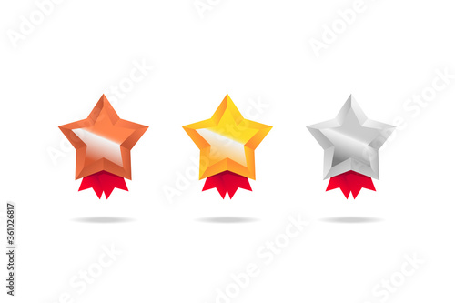 Golden silver and bronze stars, vector metal winner award tag with ribbon isolated illustration.