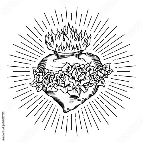 Old school tattoo logo with heart, roses and fire with outline in classic black and white retro style with ray and gleam